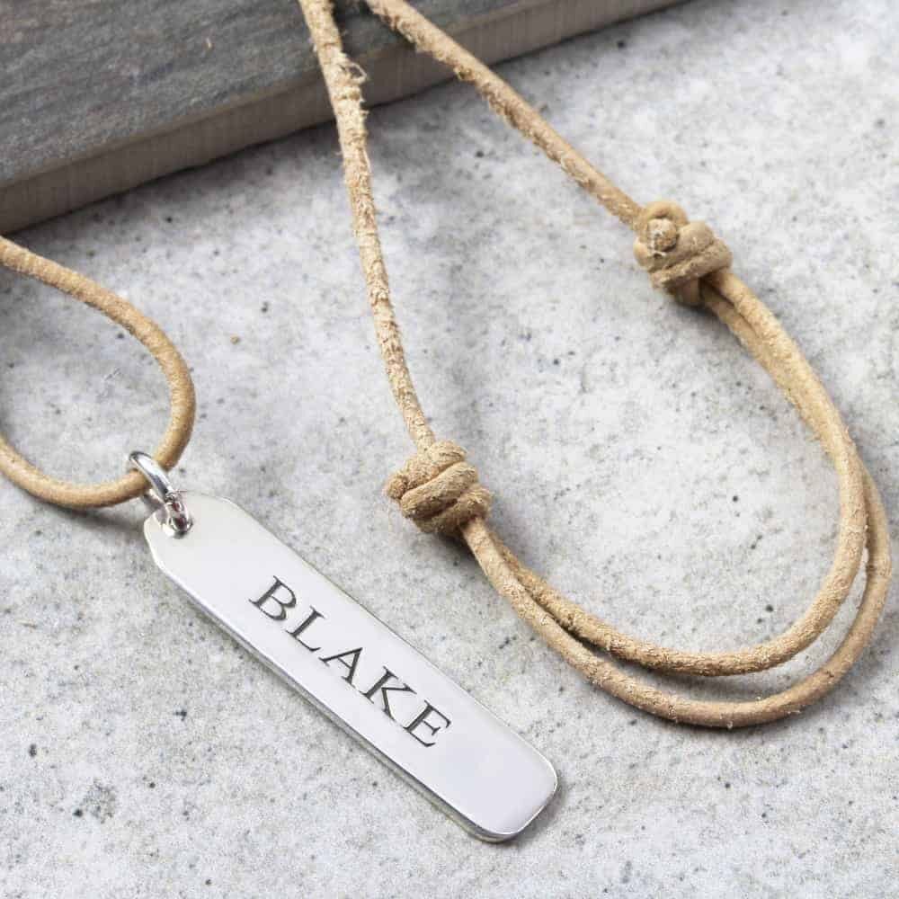 925 Sterling Silver Engraved Leather Tag Necklace