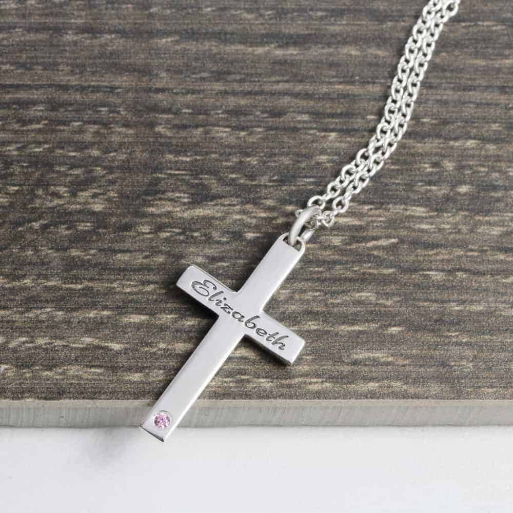 Engraved Cross Necklace by Silvery Jewellery and birthstone necklace