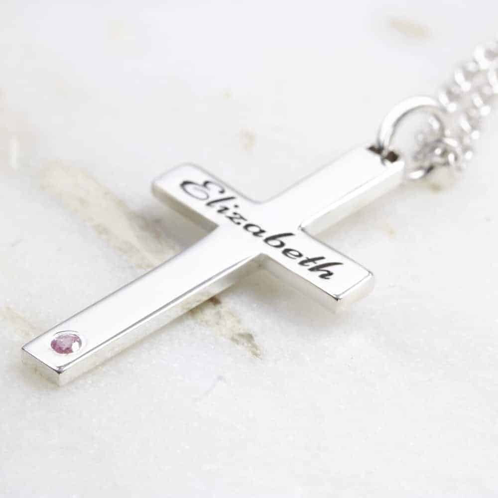 Engraved Silver Cross Necklace by Silvery Jewellery and birthstone necklace in south africa