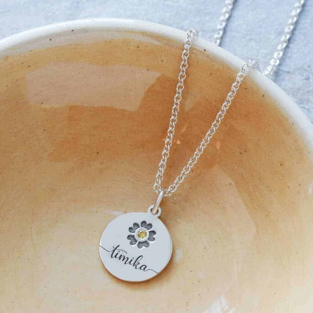 teen necklace Engraved Name & Birthstone Flower Pendant