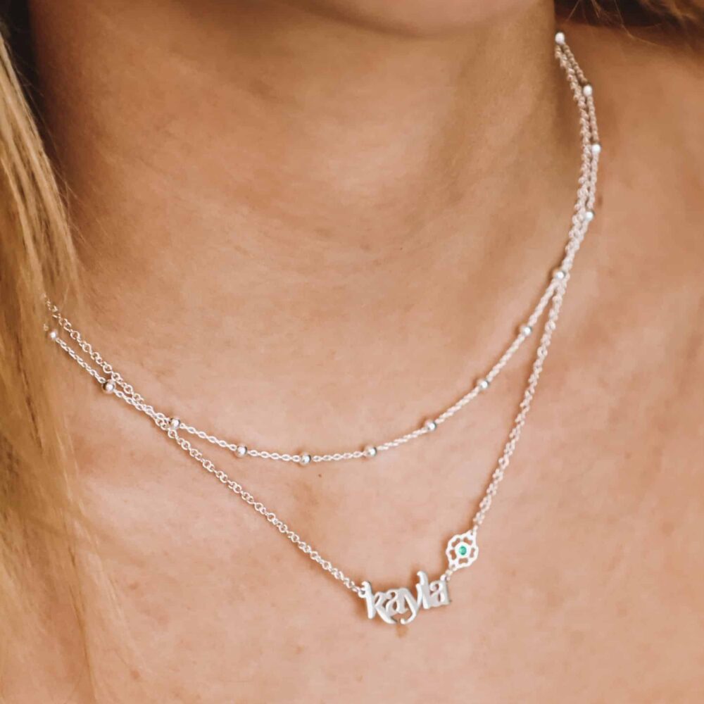 Layered Dewdrop Name Necklace & Birthstone Flower connector