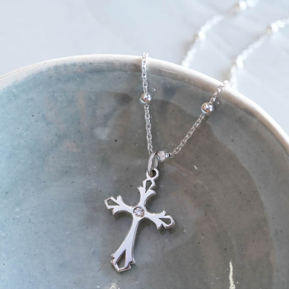 925 Sterling Silver Dewdrop Cross & Birthstone Necklace