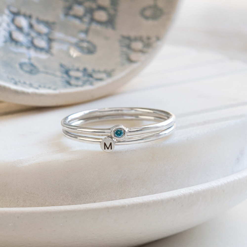 Small Initial & Birthstone Ring Stack by Silvery Jewellery South Africa