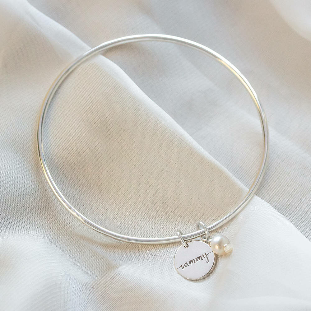 ENGRAVED COIN & PEARL CHARM BANGLE Crafted by Silvery South Africa
