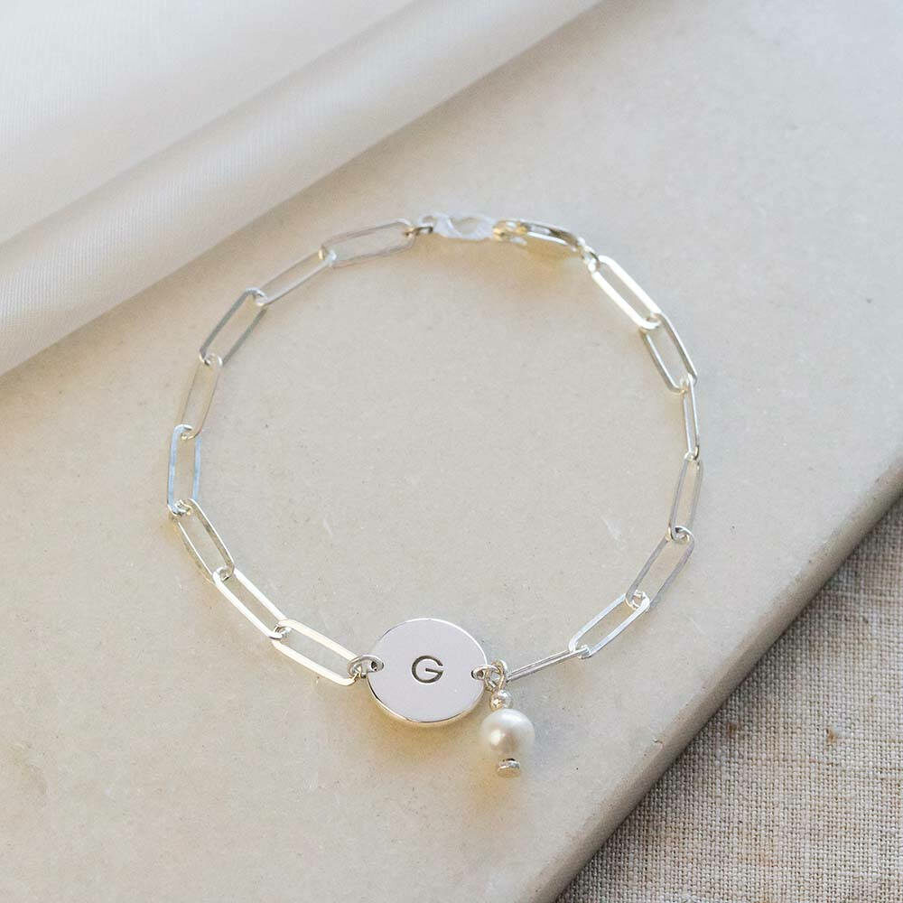 Paper Clip Engraved Coin & Pearl Charm Connector Bracelet