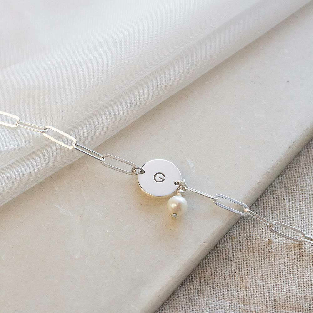 Paper Clip Engraved Coin & Pearl Charm Connector Bracelet by Silvery South Africa