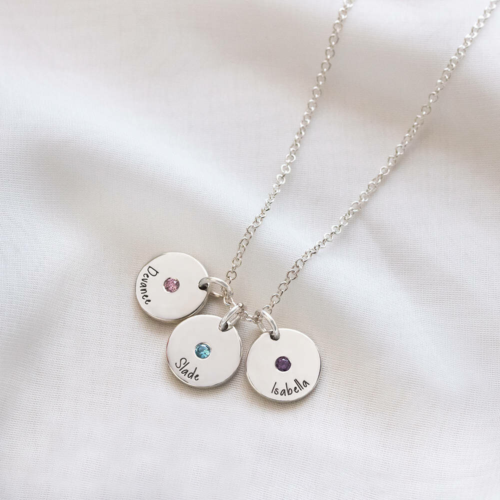 Silver Necklace Family Names Coin & Birthstone Necklace for Women by Silvery Jewellery
